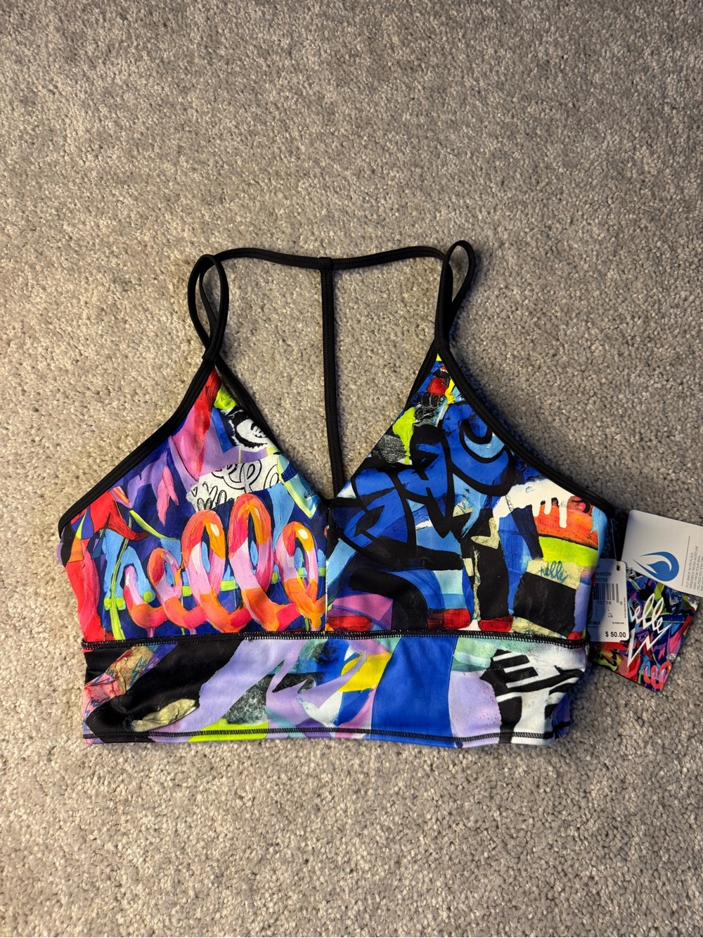 Reebok Multicolor Graffiti-Print Sports Bra - Black Trim
